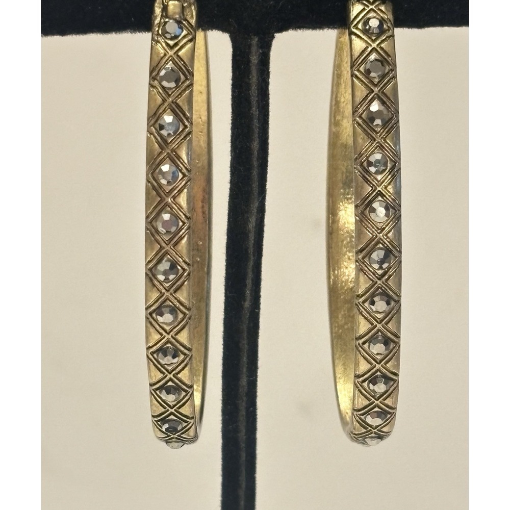 Vintage 1980s Gold Tone Rhinestone Oval Hoop Earrings 2" Statement Pierced